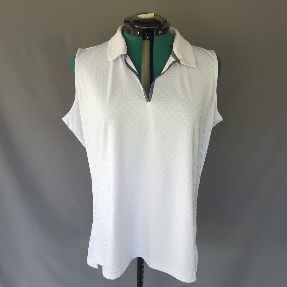 PING Women’s Sleeveless Golf Polo Shirt White Textured Blue Trim Size 16